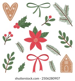 Gingerbread seamless pattern. Festive background with cookies, candies, leaves and berries.