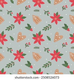 Pão de gengibre padrão sem costura. Fundo festivo com biscoitos, doces, folhas e bagas.