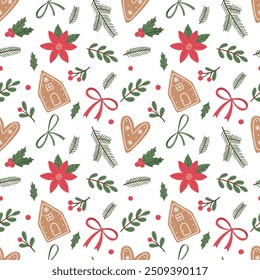 Gingerbread seamless pattern. Festive background with cookies, candies, leaves and berries.