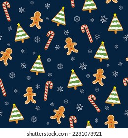 Gingerbread seamless pattern. Festive Christmas background with gingerbread man, candy canes, Christmas trees and snowflakes on blue. For textile, wrapping paper, , stationary, Christmas card. Vector 