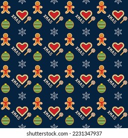 Gingerbread seamless pattern. Festive Christmas background with gingerbread man, candy, ball. For textile, wrapping paper, wallpaper, stationary, Christmas card. Vector illustration.