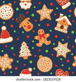 Gingerbread seamless pattern. Holiday gingerbreads sugar glazed winter sweet sugar glaze food, cookie man and deer, star and home holidays decor textile, fabric wrapping paper wallpaper vector texture