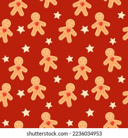 Gingerbread seamless pattern. Holiday gingerbreads sugar glazed winter sweet sugar glaze food, star and home holidays decor textile, fabric wrapping paper wallpaper vector texture