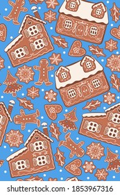 Gingerbread seamless pattern on a blue background. Vector graphics.