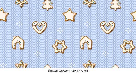 Gingerbread seamless pattern on blue knitting background. Festive cookies in shape of snowflakes and trees, stars and houses and hearts. Vector baked glazed biscuits design