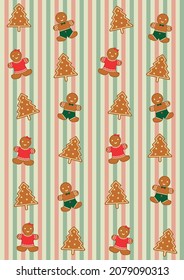 Gingerbread seamless pattern with striped background. Christmas , New Year, winter holiday vector background.