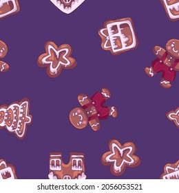 Gingerbread seamless pattern.Gift or present box and house biscuits fabric illustration.Seamless Christmas and New Year`s pattern. 