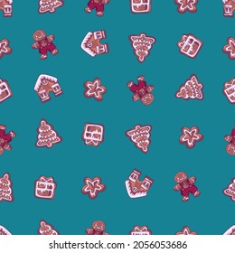 Gingerbread seamless pattern.Gift or present box and house biscuits fabric illustration.Seamless Christmas and New Year`s pattern. 