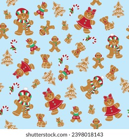 Gingerbread seamless repeating pattern: family: father, mother, daughter, son, children, dog, cat, pets, candy cane, Christmas tree. Vector illustration.