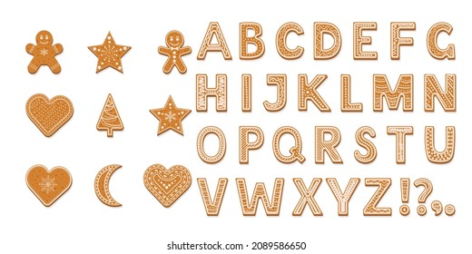 Gingerbread set. Alphabet ginger cookie isolated on white background. Christmas gingerbread figures cover by icing-sugar.  Vector illustration.