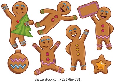 Gingerbread set in cartoon design. Colorful illustrations capture the sweetness and coziness of gingerbread treats, adding a touch of holiday charm and nostalgia to your designs. Vector illustration.