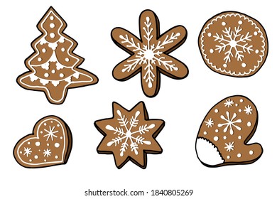 Gingerbread set. Christmas treat. White background, isolator. Stock illustration.