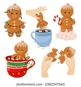 
Gingerbread. Set of cookie character vector illustrations on white background. Christmas gingerbread in flat style.