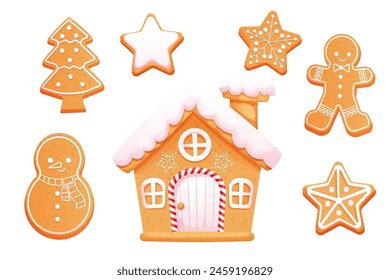 Gingerbread set cute snowman, man, stars, house and tree with icing decoration, seasonal dessert, cookies isolated on white background.