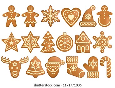 Gingerbread set isolated on white background. Vector objects forms gingerbread toys, holiday items, Christmas and New Year symbols, icons, winter holiday.