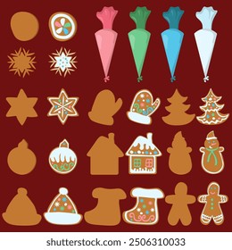 Gingerbread set for painting, Christmas treat and materials vector illustration for culinary activity 