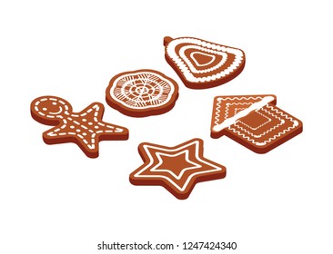 Gingerbread set, shape of person and star, snowflake and house with bell. Cookies isolated on white. Sweet confectionery dessert in 3D design vector