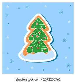 Gingerbread in shape of christmas tree decorated colored icing. Holiday cookie . New years. Merry christmas. Winter holiday and new years eve. Vector illustration