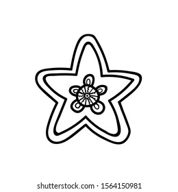 Gingerbread in the shape of star. Funny vector illustration in doodle style