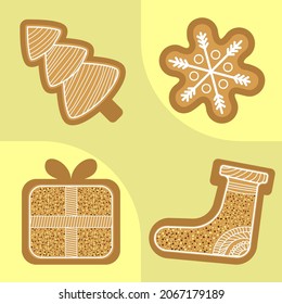 Gingerbread Shape As Xmas Tree, Snowflake, Gift Box, Socks On Yellow Background.