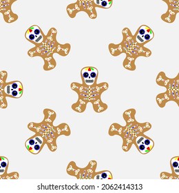 Gingerbread skeleton vector cartoon. Gingerbread man with skeleton. Funny cookie man. Seamless pattern. halloween. day of the dead