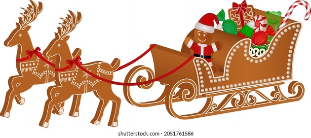 gingerbread sleigh with reindeers, gingerbread man and christmas candies