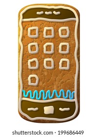 Gingerbread smartphone decorated colored icing. Holiday cookie in shape of phone. Qualitative illustration about smartphone, communication, mobile technology, cooking, digital electronics, food, etc