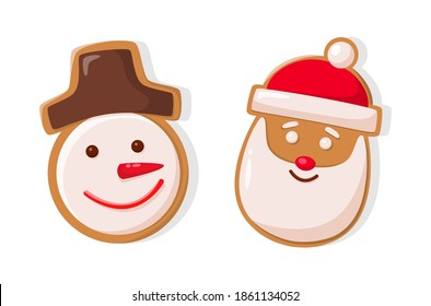 Gingerbread smiling head of snowman and Santa in hat vector baked cookie icon isolated on white. Traditional holiday characters, confectionery dessert