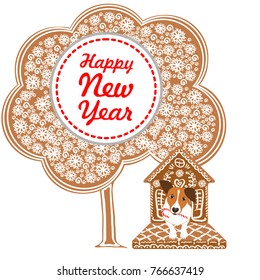 Gingerbread snowcovered winter tree and dog in gingerbread doghouse. Round frame with inscription (Happy New Year). Vector illustration.
