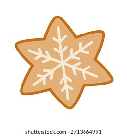 Galleta de copo de nieve de pan de jengibre en estilo plano dibujado a mano acogedor para diseños de postres de Navidades.