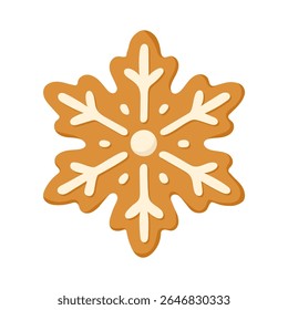 A gingerbread snowflake cookie with white icing details. This gingerbread snowflake cookie is a sweet winter treat.