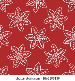Gingerbread snowflake doodle seamless pattern vector, Christmas holidays season red background for cards, banners, wrapping paper, posters, scrapbooking, pillow, cups and fabric design. 