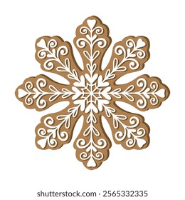 Gingerbread snowflake holiday cookie. Flat vector illustration in brown and white colors