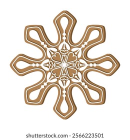 Gingerbread snowflake holiday cookie. Flat vector illustration in brown and white colors