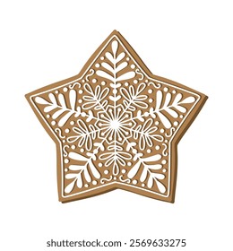 Gingerbread snowflake holiday cookie. Flat vector illustration in brown and white colors