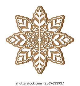 Gingerbread snowflake holiday cookie. Flat vector illustration in brown and white colors