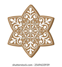 Gingerbread snowflake holiday cookie. Flat vector illustration in brown and white colors