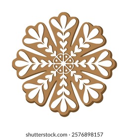 Gingerbread snowflake holiday cookie. Flat vector illustration in brown and white colors