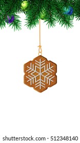 Gingerbread snowflake on christmas tree. Isolated vector illustration on white background