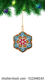 Gingerbread snowflake on christmas tree. Isolated vector illustration on white background