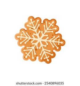 Gingerbread Snowflake shape cookie. Traditional Christmas baking with glaze drawing. Winter Holiday symbol. Tasty homemade Christmas cookie. Vector isolated on white background. Sweet baked pastrie.