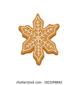 Gingerbread snowflake, with white icing for Christmas holiday dinner. Traditional tasty biscuit for New Year dinner, symbol of Xmas. Vector illustration, isolated on white background.