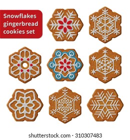 Gingerbread Snowflakes Cookies Set Vector Isolated Illustration On White Background