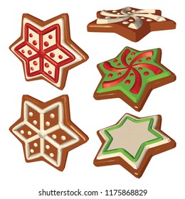 Gingerbread Snowflakes in Different Views. Set of Cookies with Green Red and White Icing. Vector 3D Realistic illustration isolated on White Background.