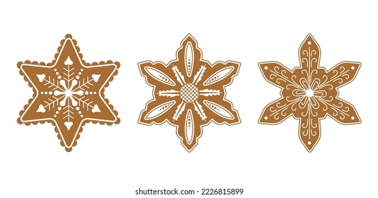 Los copos de nieve de pan de jengibre con decoración de hielo. Conjunto de ilustraciones de vector
