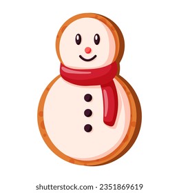 Gingerbread Snowman cookie for Christmas in cartoon style. Sweet painted homemade cookies for winter holidays. Vector illustration isolated on a white background.