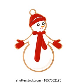 Gingerbread snowman cookie isolated on white. Christmas pastries. Vector festive illustration in cartoon flat style.