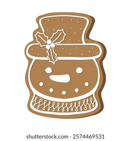 Gingerbread snowman holiday cookie. Flat vector illustration in brown and white colors