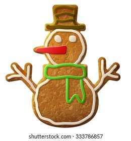 Gingerbread snowman symbol decorated colored icing. Holiday cookie in shape of winter snowperson. Vector illustration