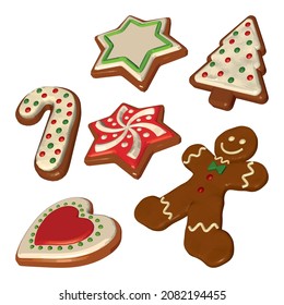 Gingerbread Snowman, Tree, Star, Heart, Snowflake and Cane Isolated on White Background. Set of Christmas Cookies with Green Red and White Icing. Vector 3D Realistic illustration.